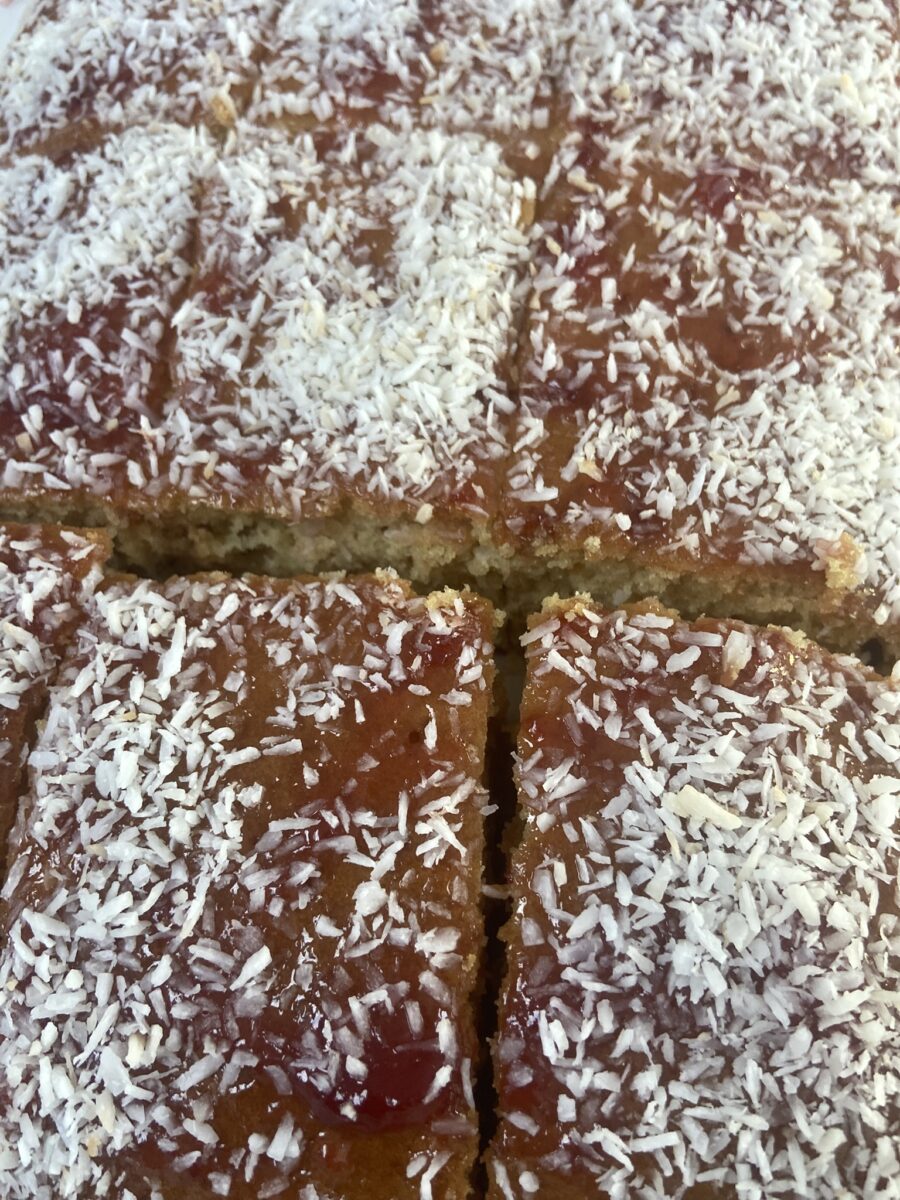 Coconut and jam cake